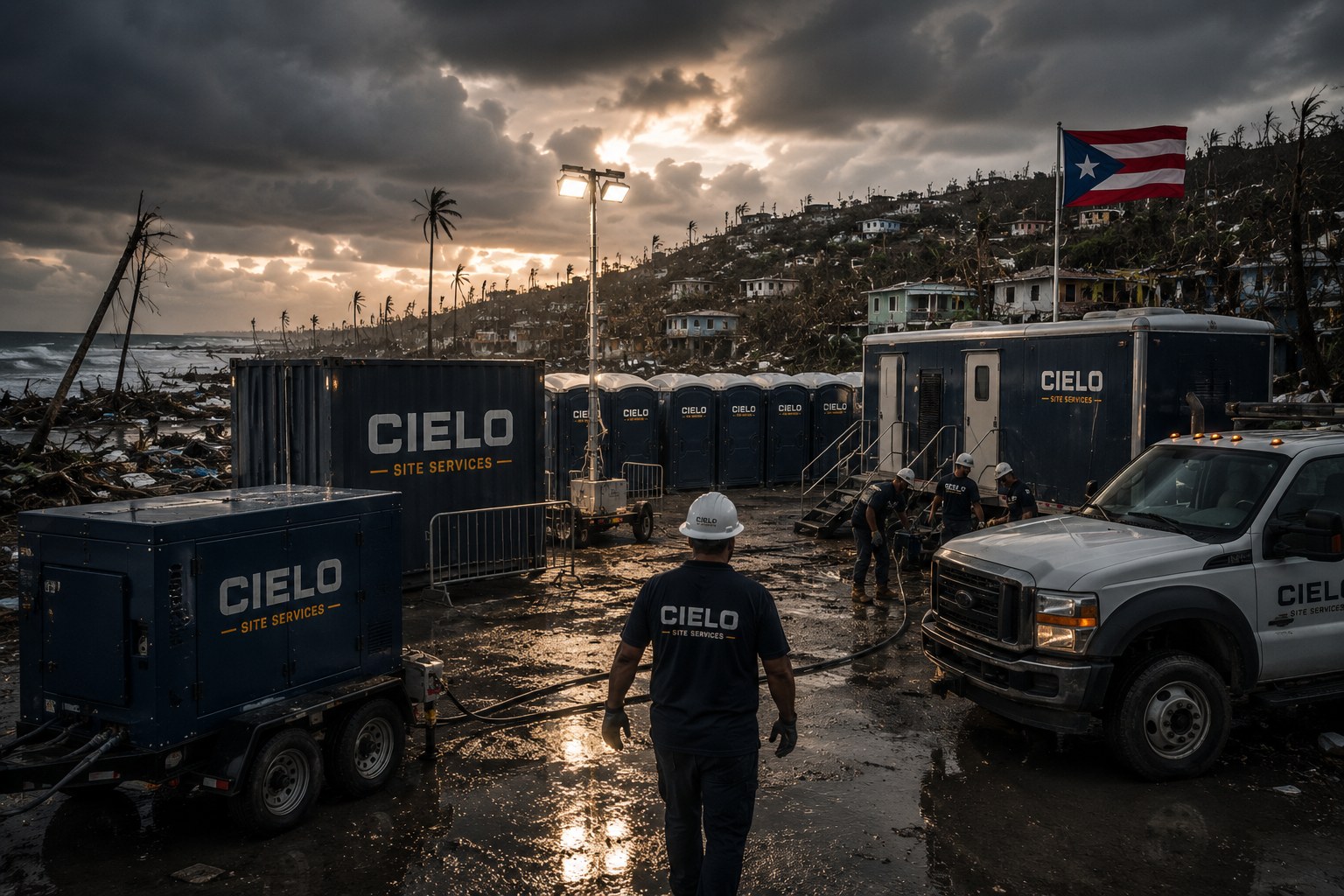 A Cielo Site Services truck, restroom trailer and generator staged on site in Puerto Rico at sunset, ready to deploy.
