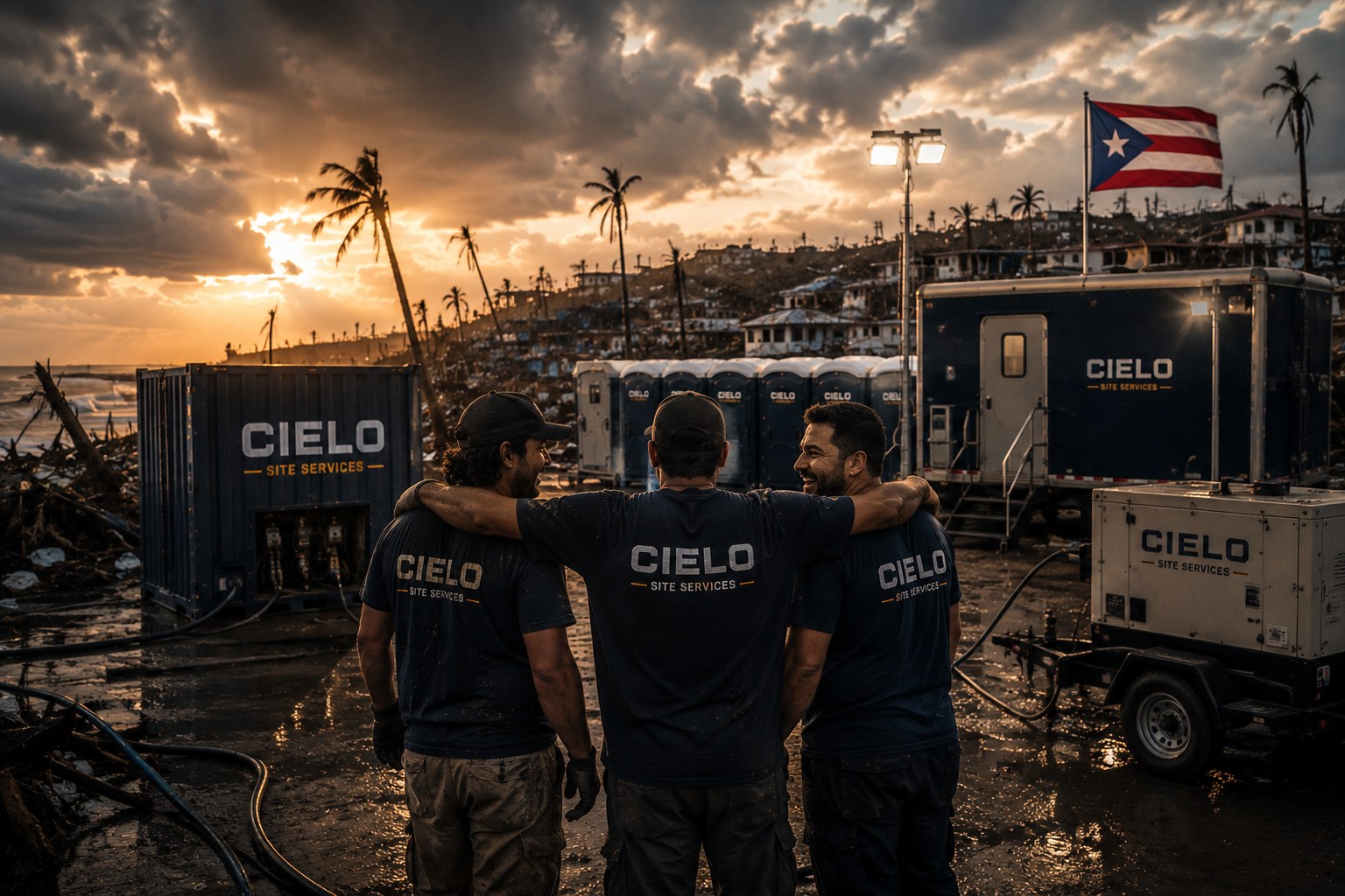 Three Cielo Site Services crew members standing arm-in-arm at a recovery site in Puerto Rico at sunset, with a Cielo restroom trailer, generator and the Puerto Rican flag in the background.