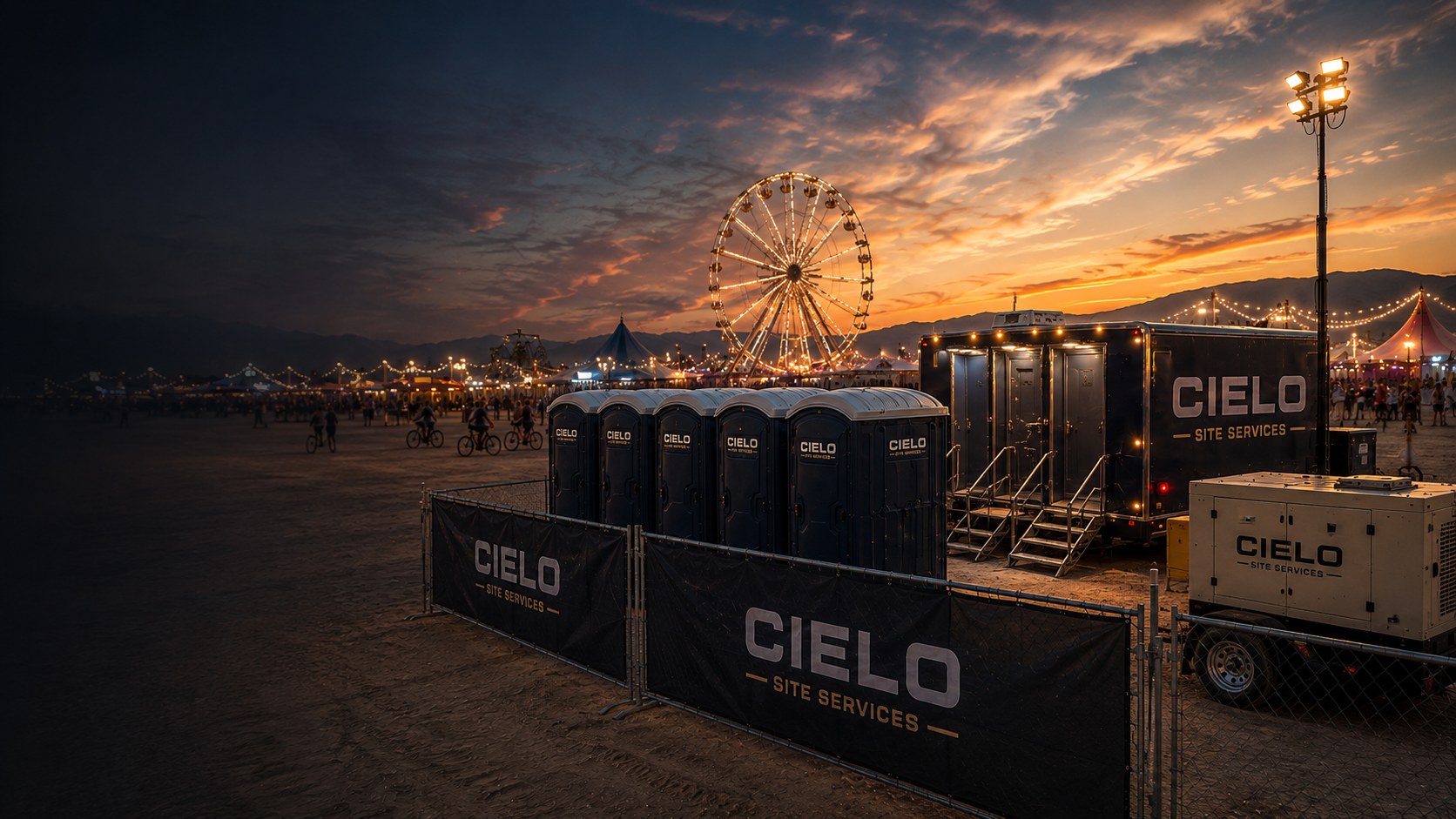 Cielo Site Services portable restrooms, restroom trailer and generator staged at a festival at sunset with string lights and a Ferris wheel in the background.