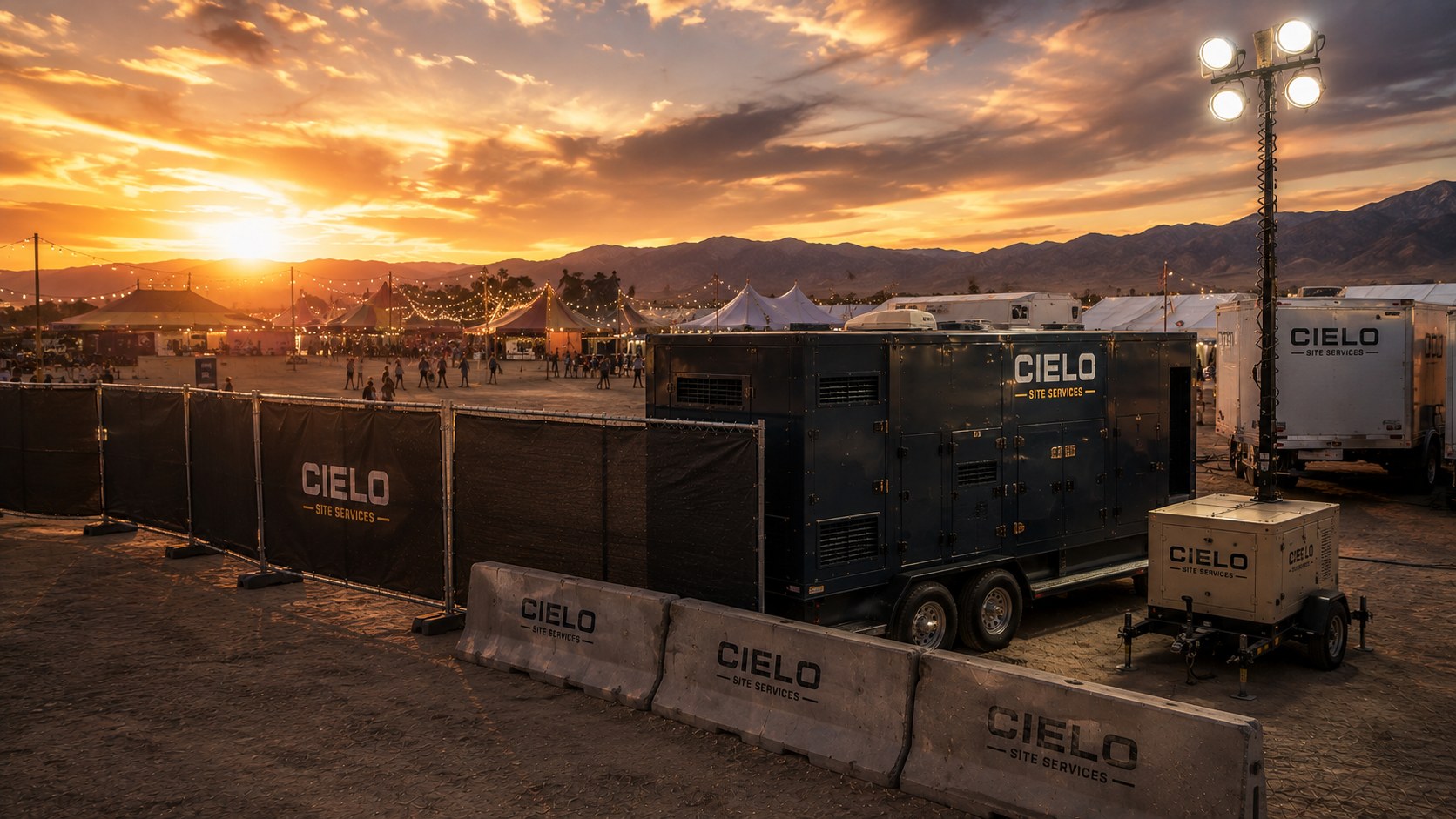 Cielo Site Services generator and site barriers staged at a jobsite at sunset.