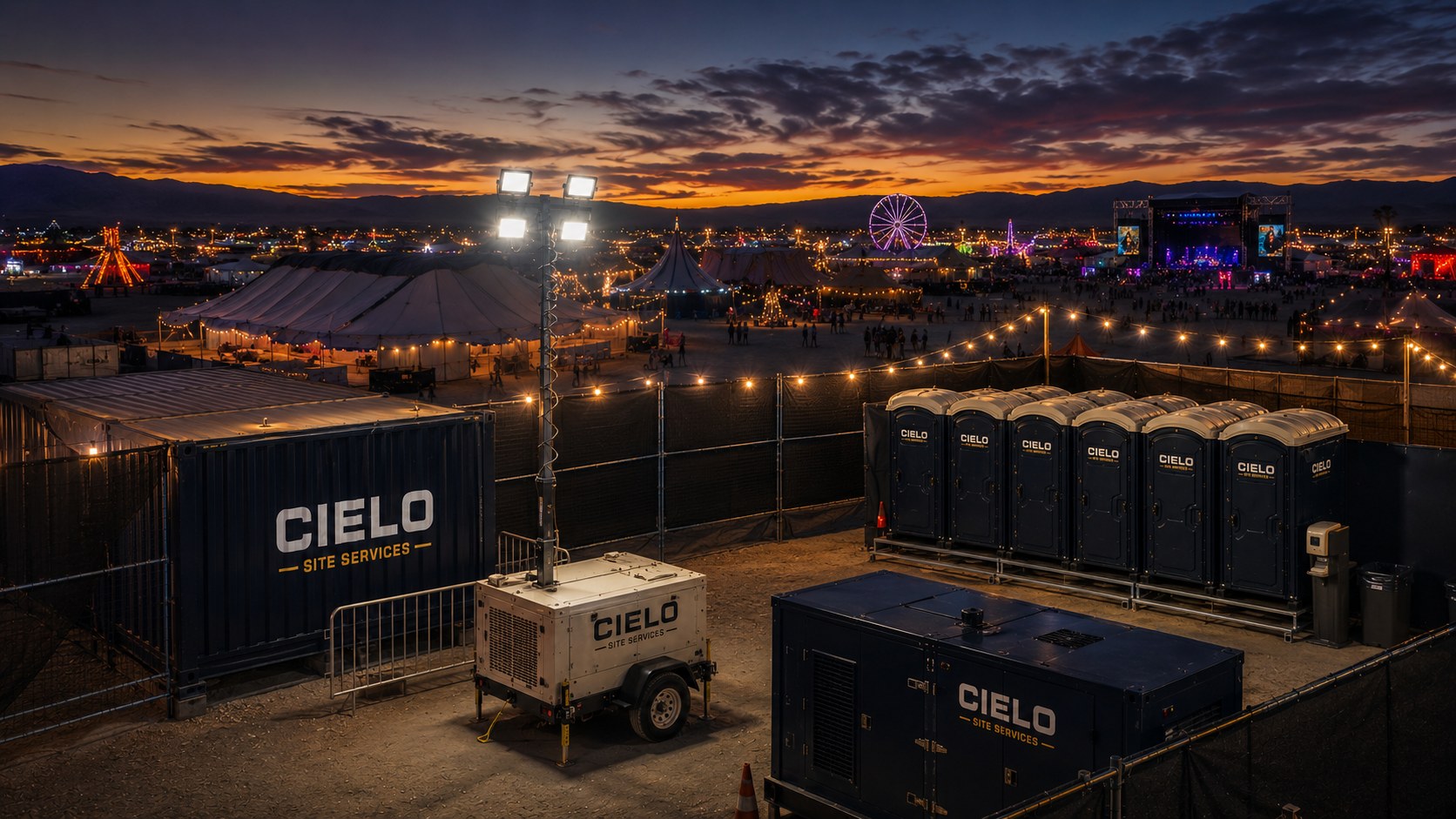 Cielo Site Services equipment — restroom trailer, portable restrooms, and generator — staged at a festival job site at sunset.