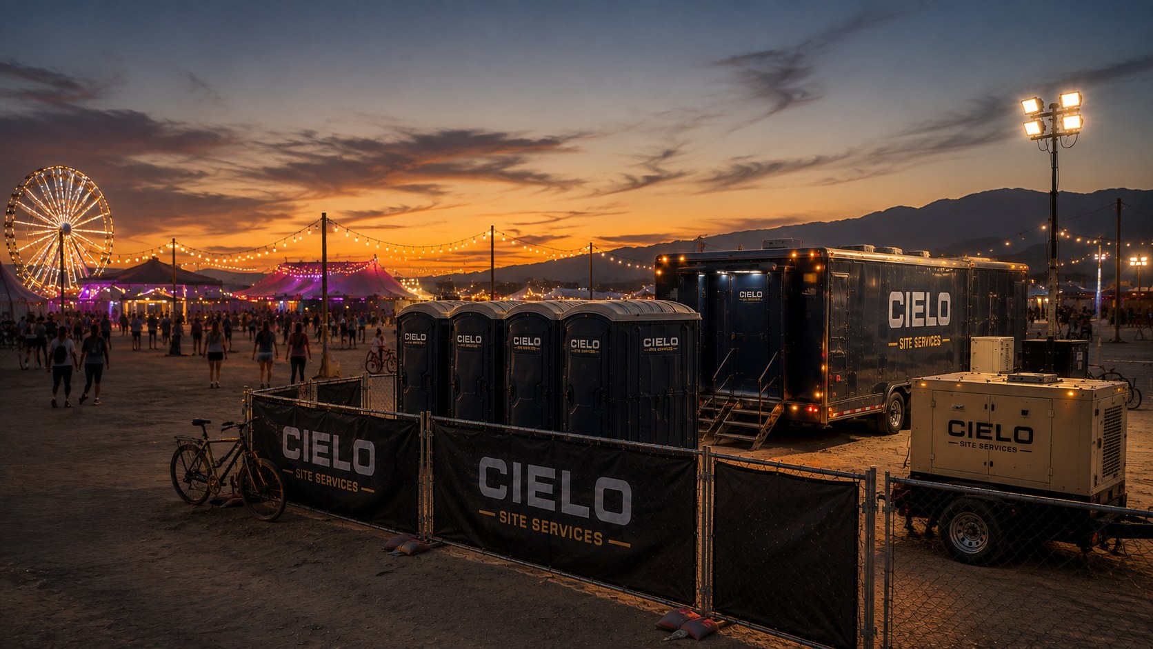 Cielo Site Services equipment staged at a festival at dusk with string lights and a large art installation in the background.